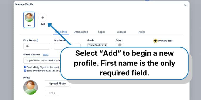 Selecting “add” button to create a new profile
