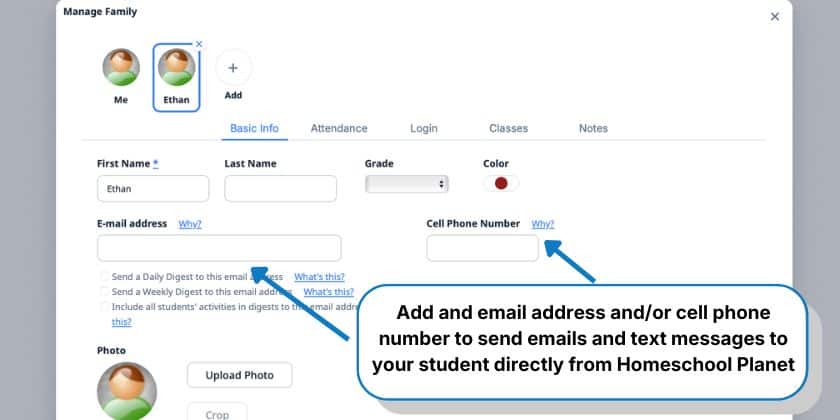 Adding an email address/phone number to send messages to your student from Homeschool Planet