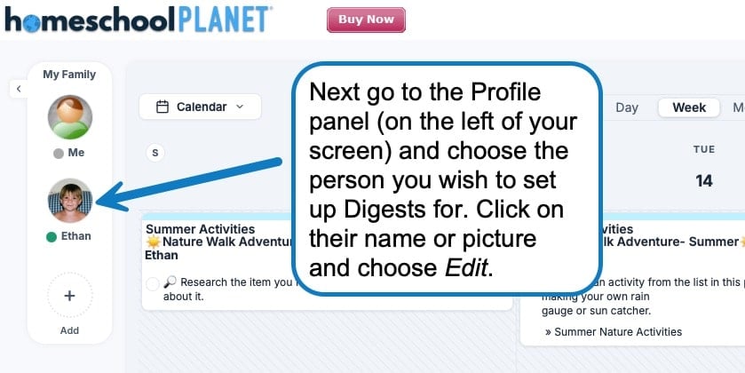 Tutorial screenshot from Homeschool Planet: left profile panel with Me and Ethan, blue arrow pointing to Ethan's profile