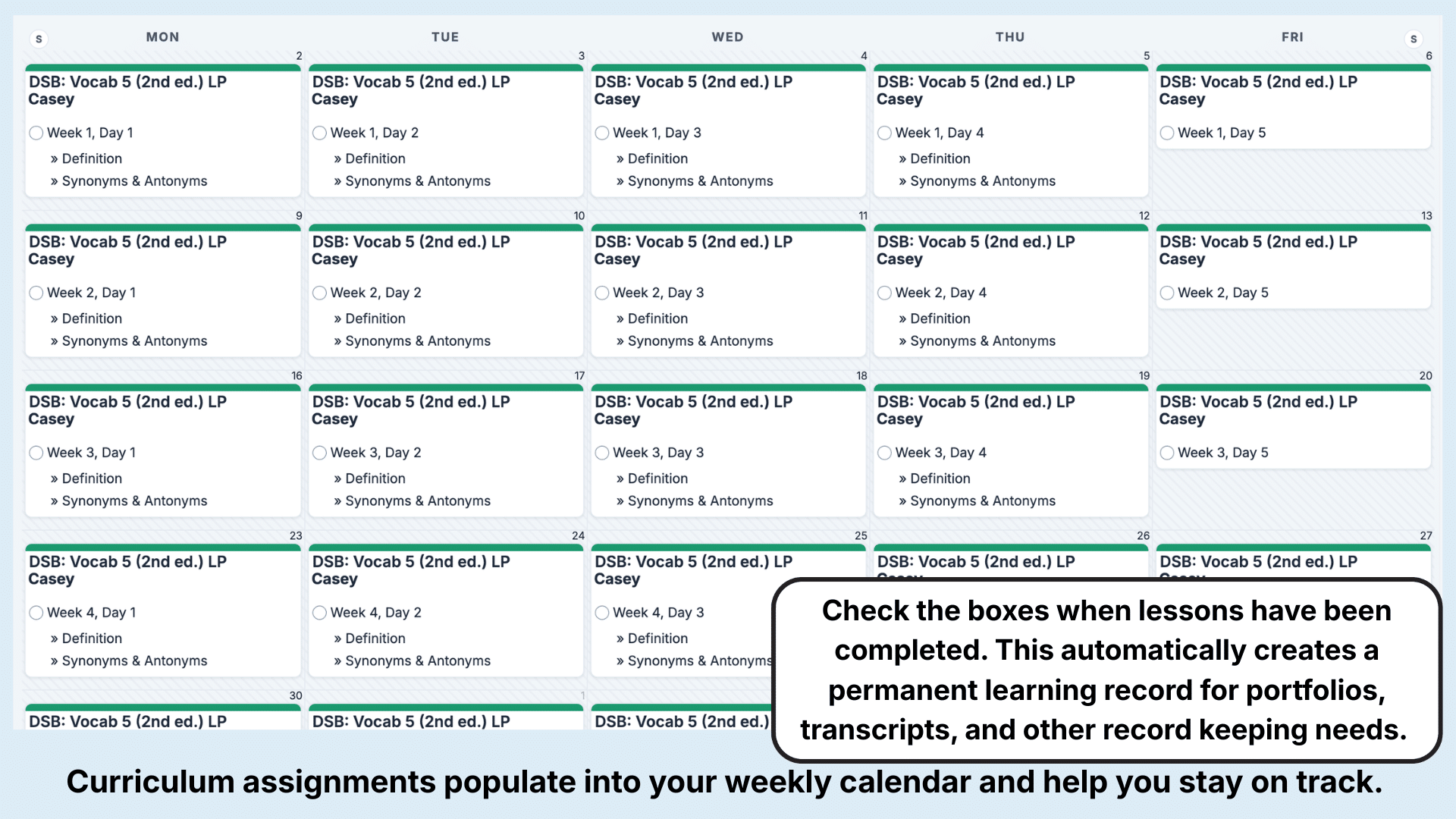 Daily Skill Building Vocabulary Weekly View