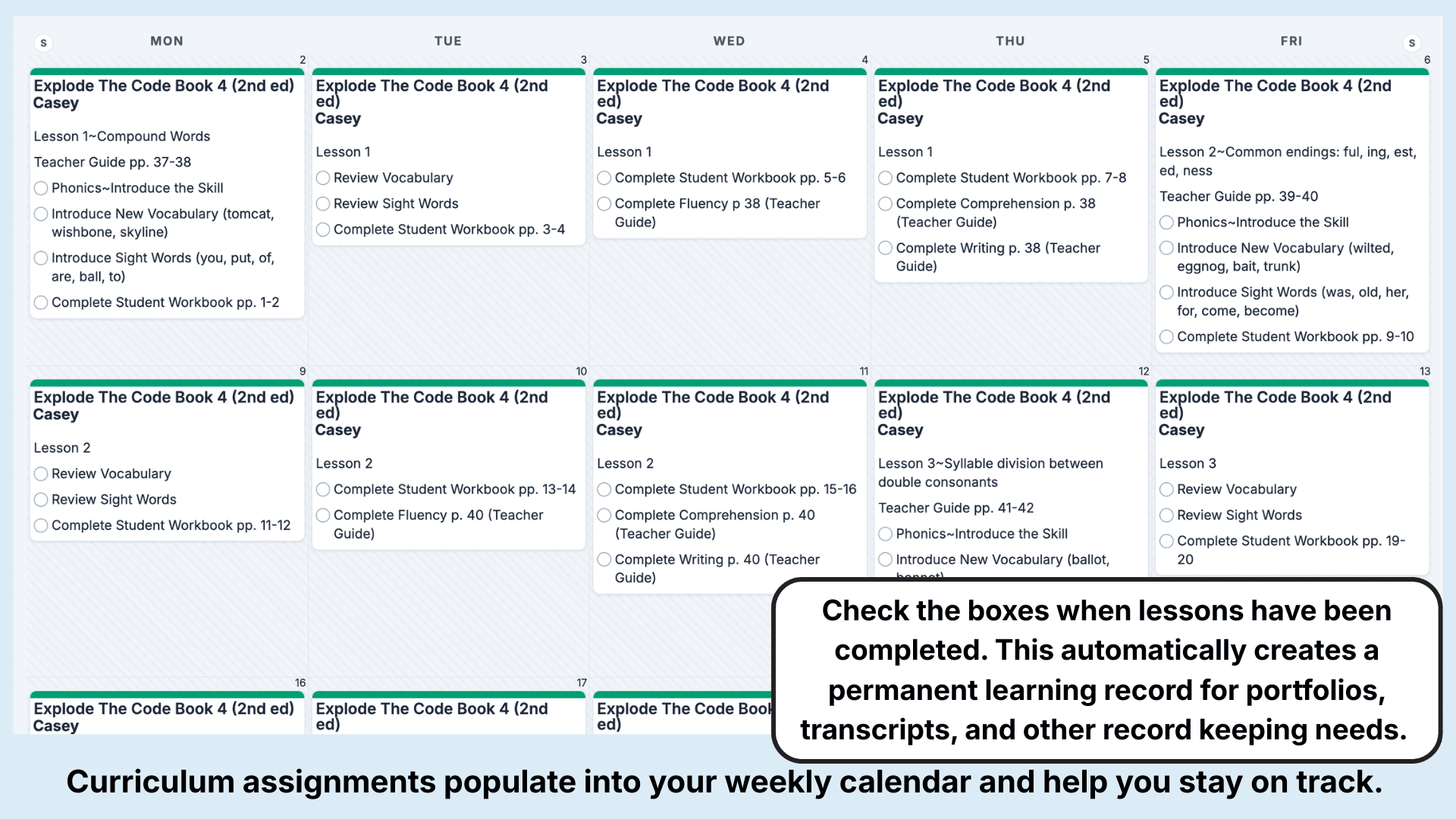 Explode the Code Weekly View