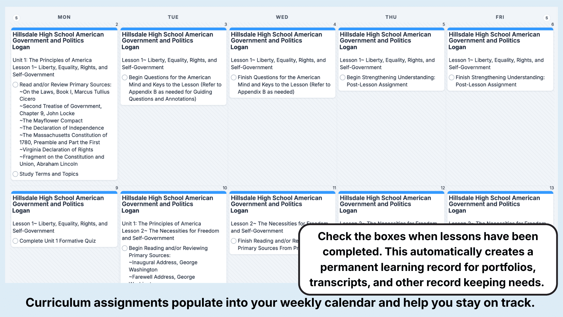 Hillsdale Curriculum Weekly View