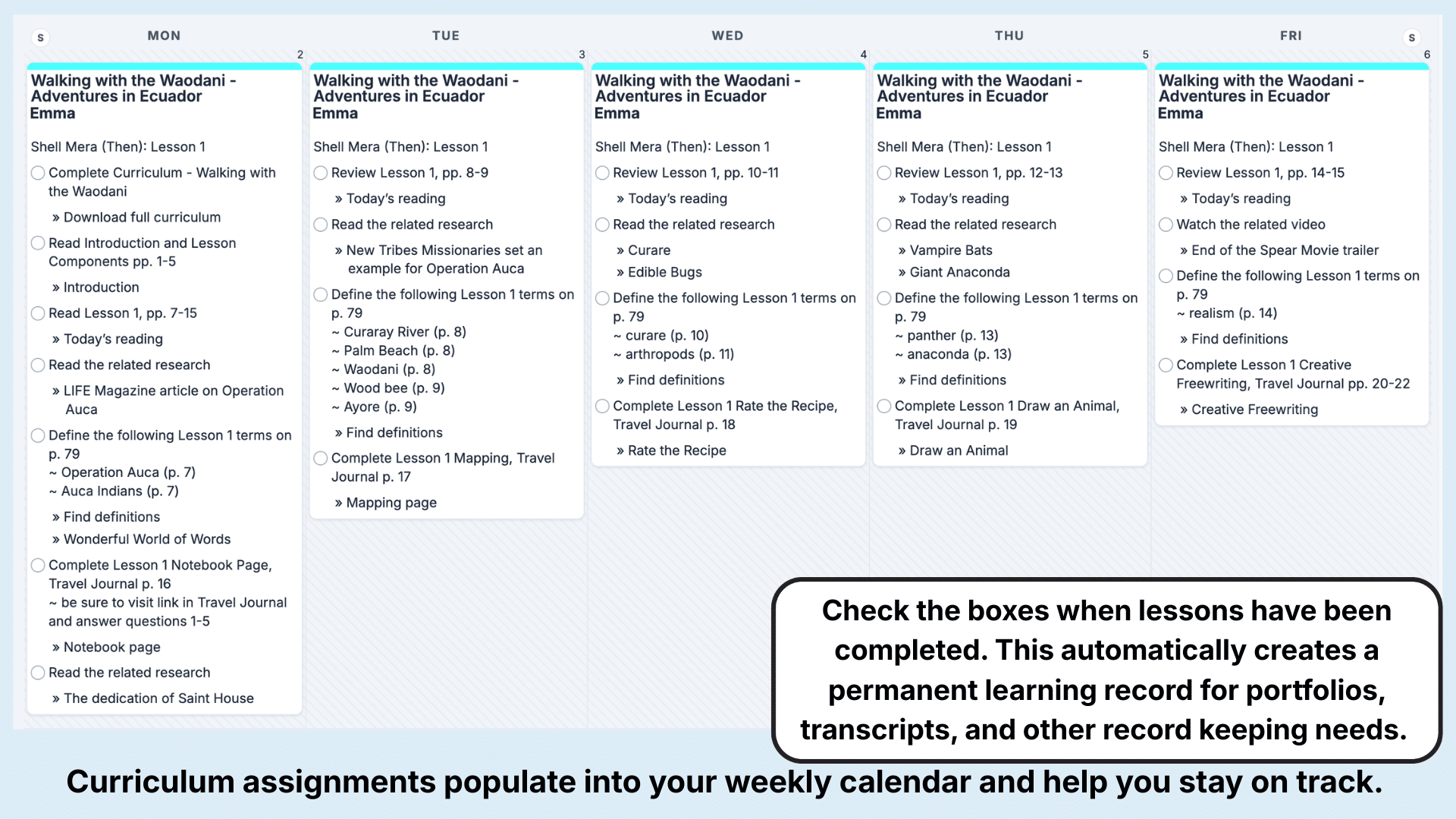 Homeschool Adventure Weekly View