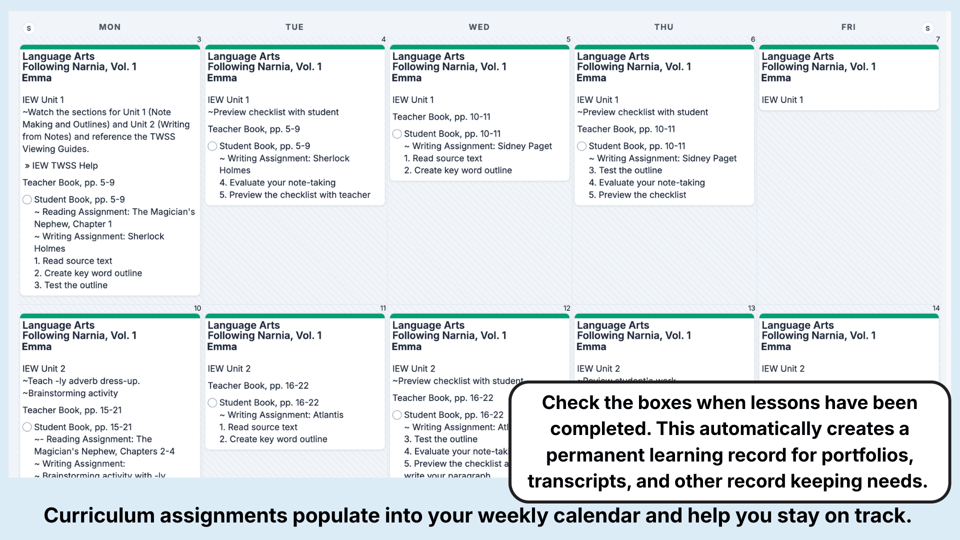IEW Writing Across the Curriculum Weekly View