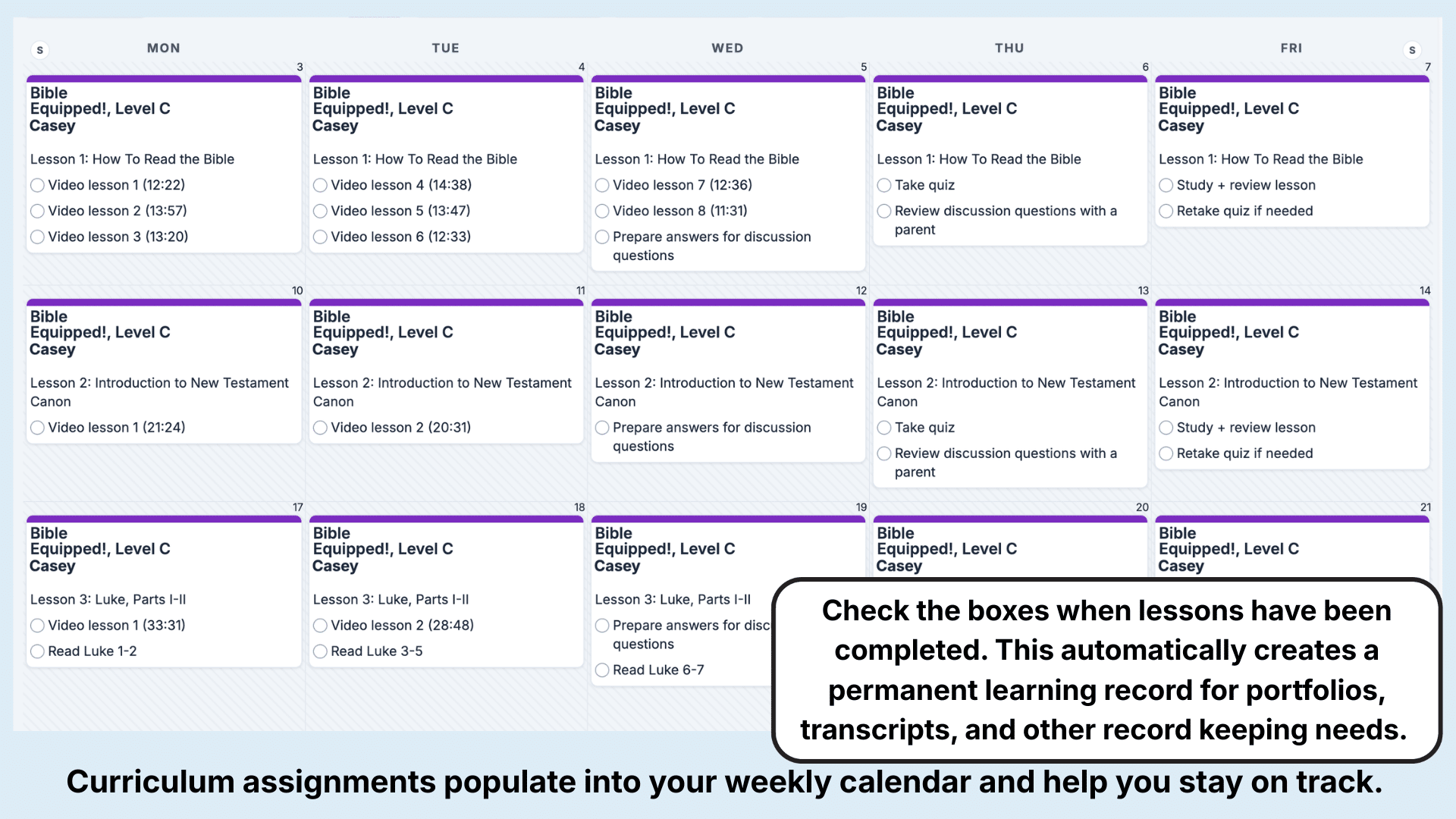 Journey Homeschool Bible Weekly View