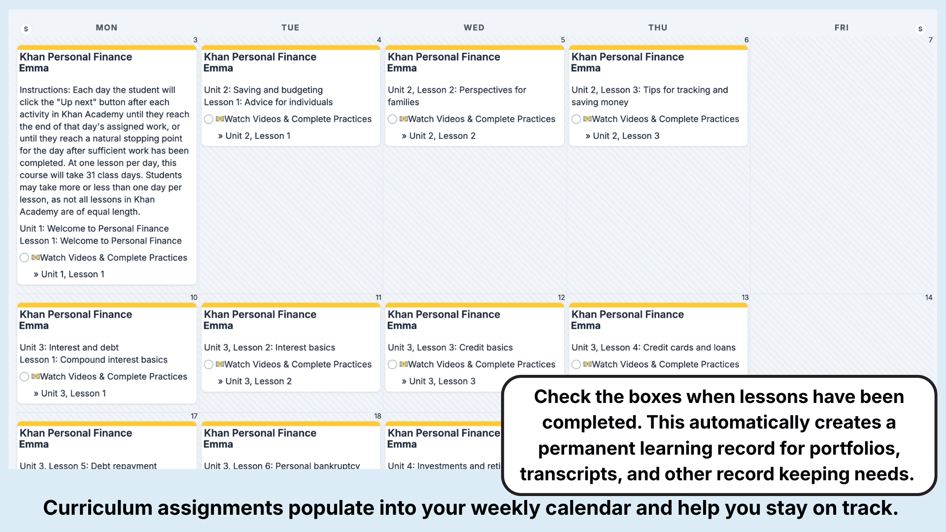 Khan Academy Electives Weekly View