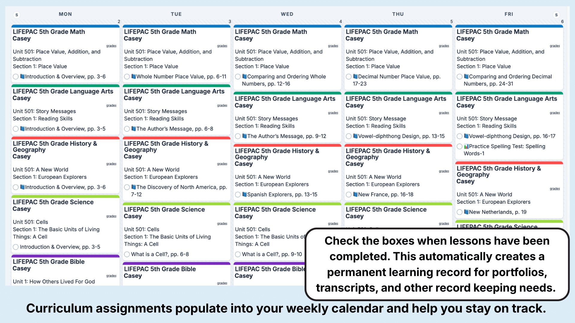 LIFEPAC 5-Subject Set Weekly View