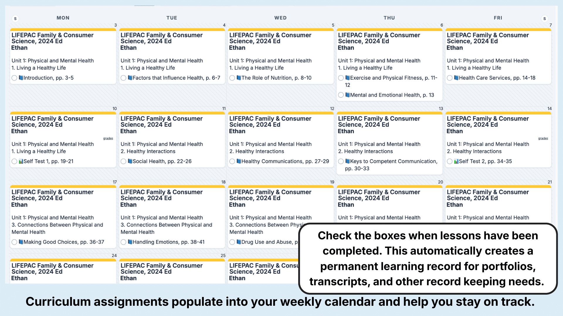 LIFEPAC Electives Weekly View