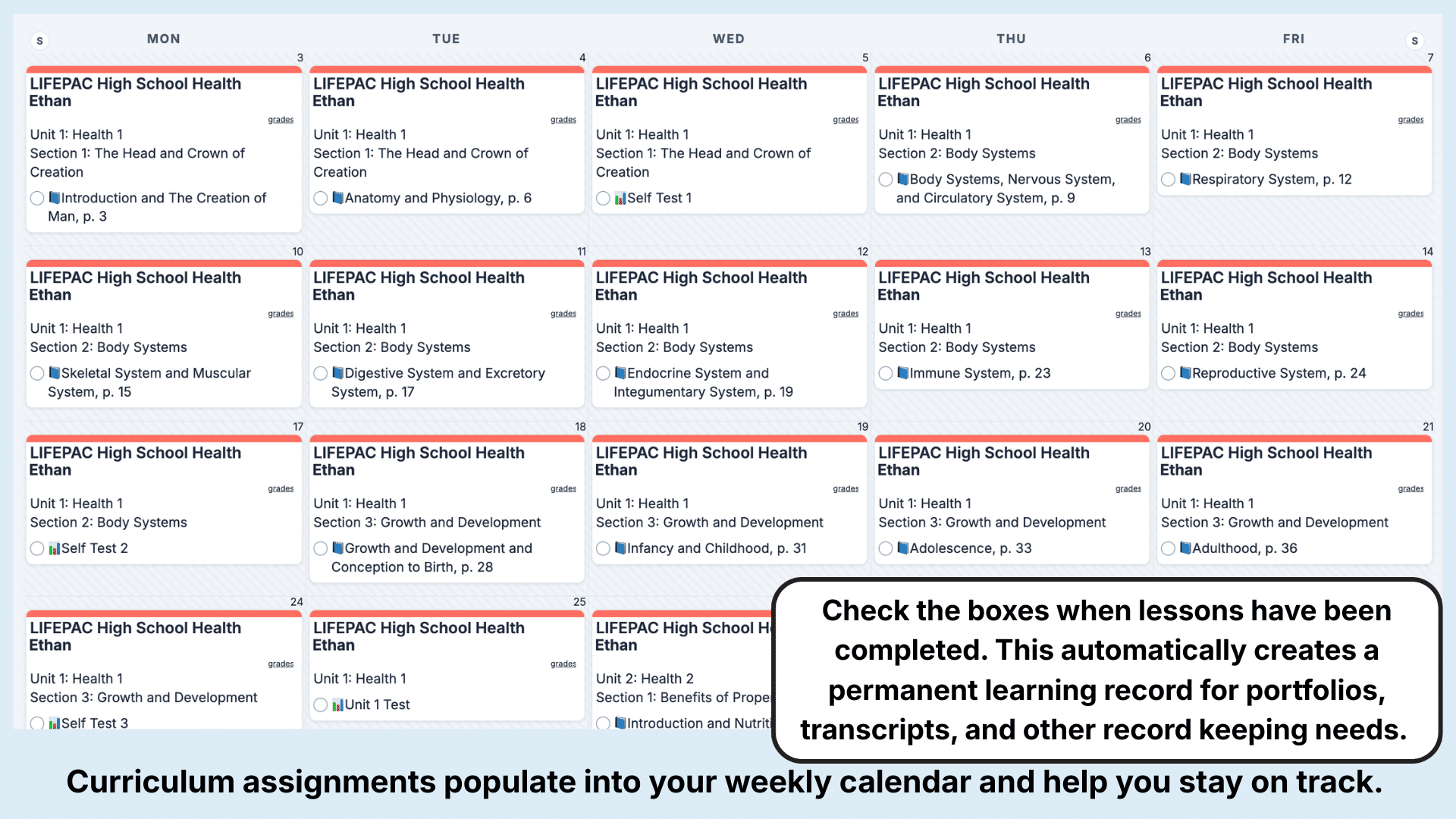 LIFEPAC Health Weekly View