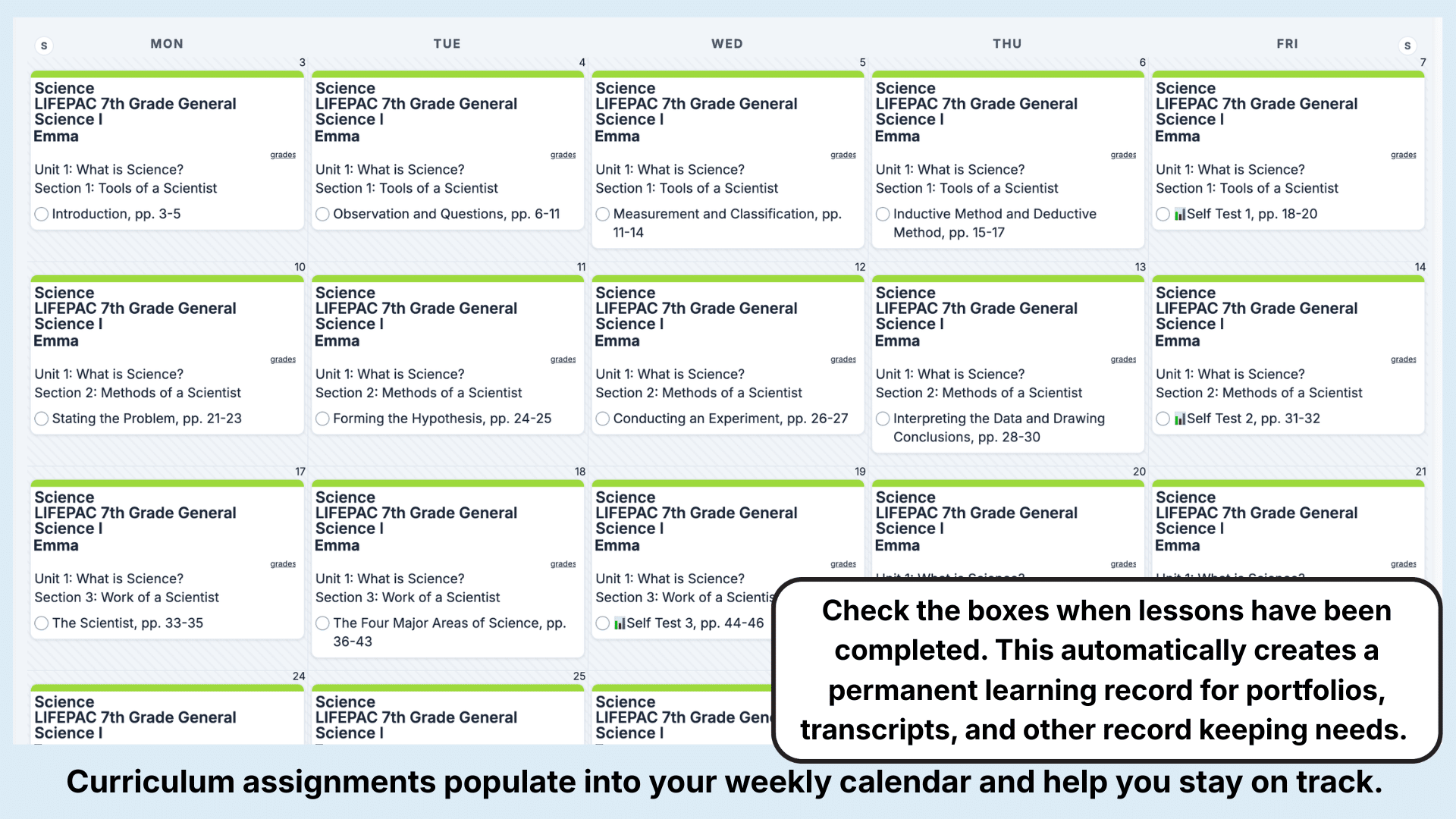 Lifepac Science Weekly View