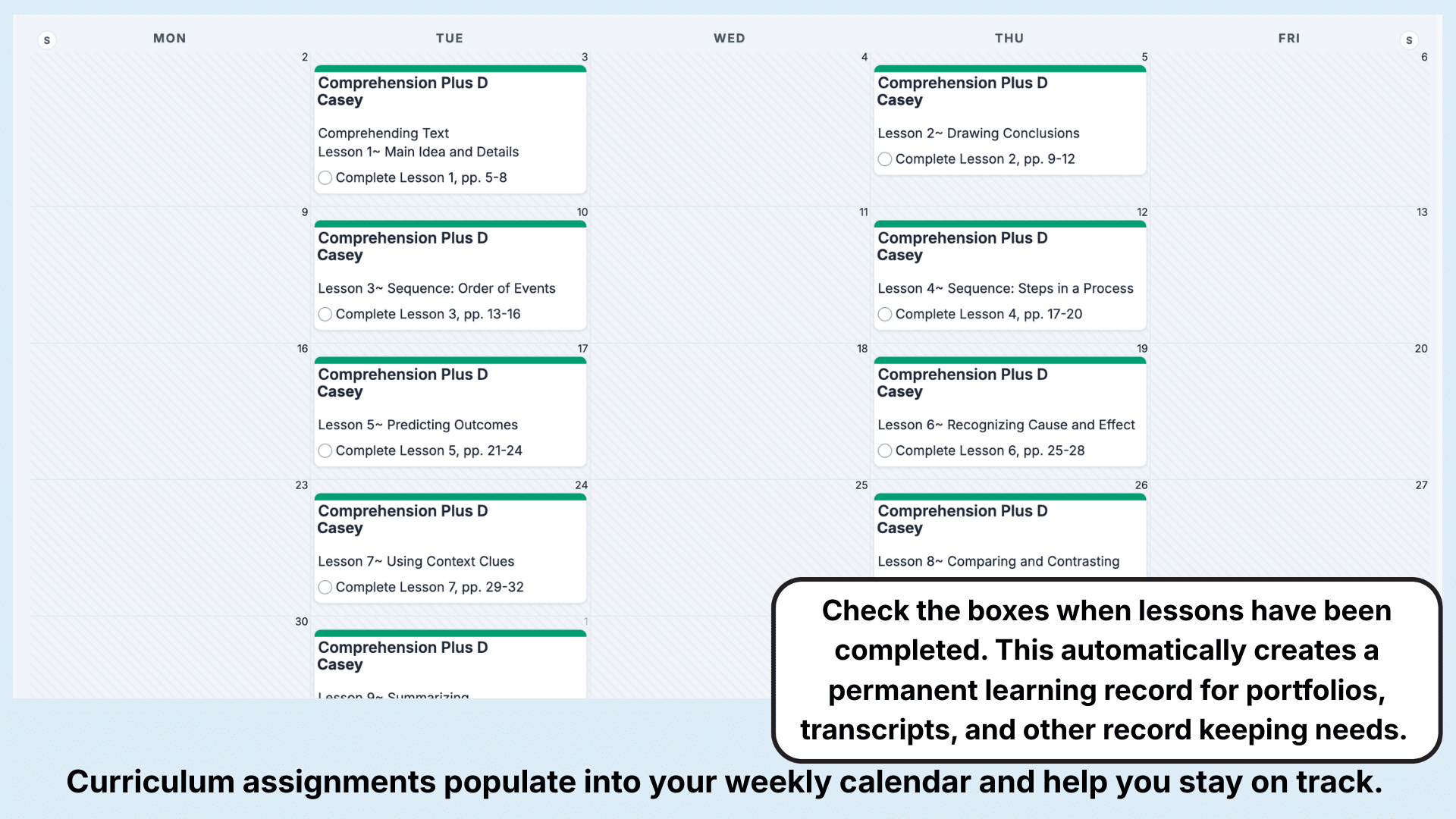 MCP Comprehension Plus Weekly View