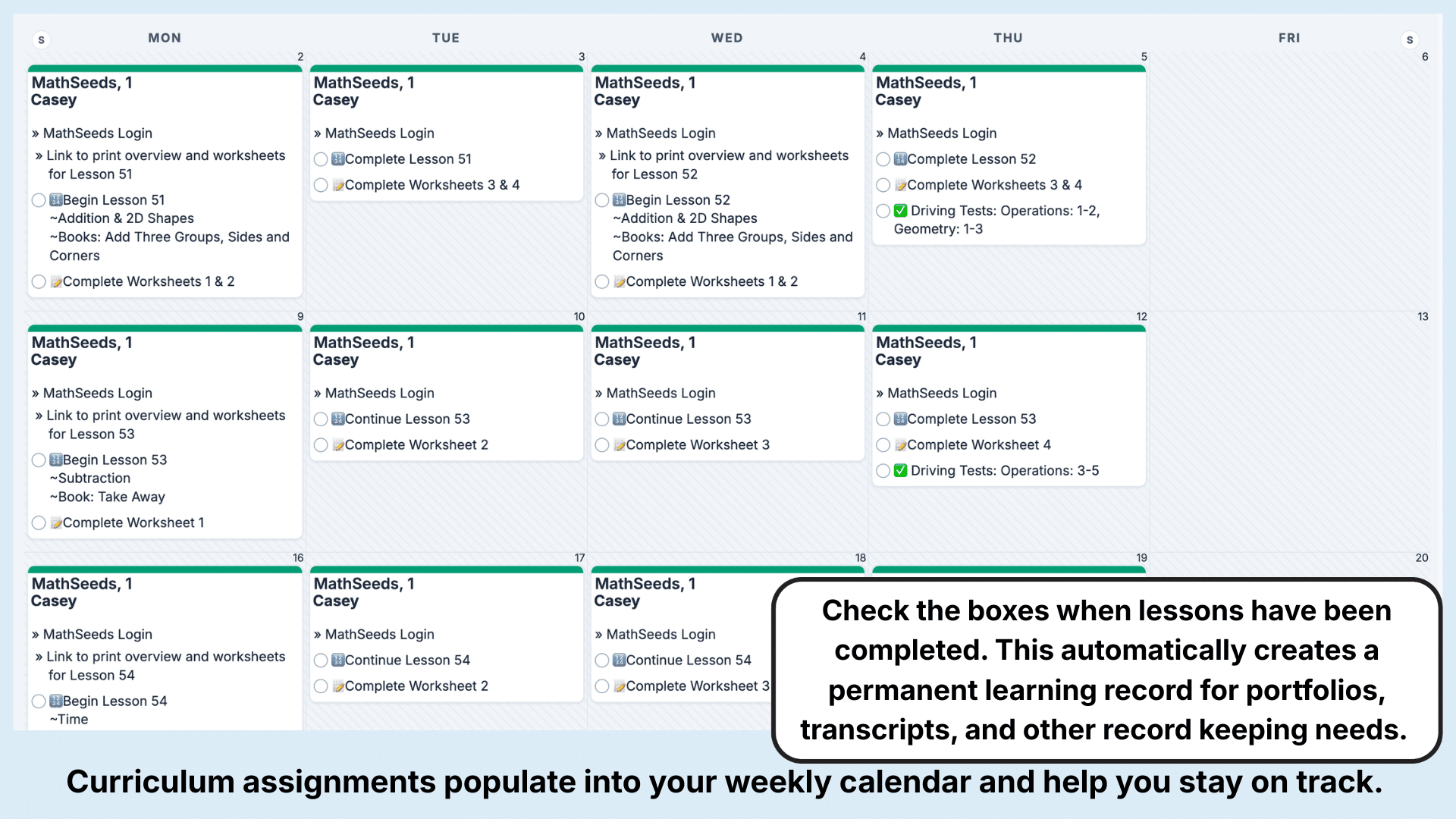 MathSeeds Weekly View