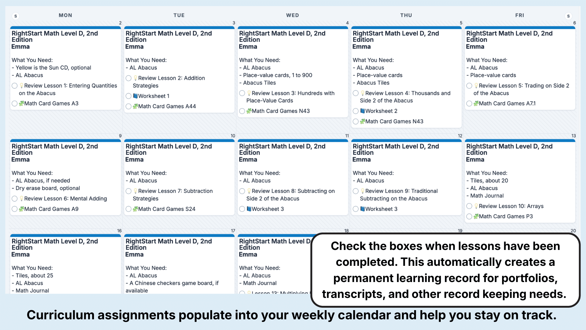 RightStart Math Weekly View