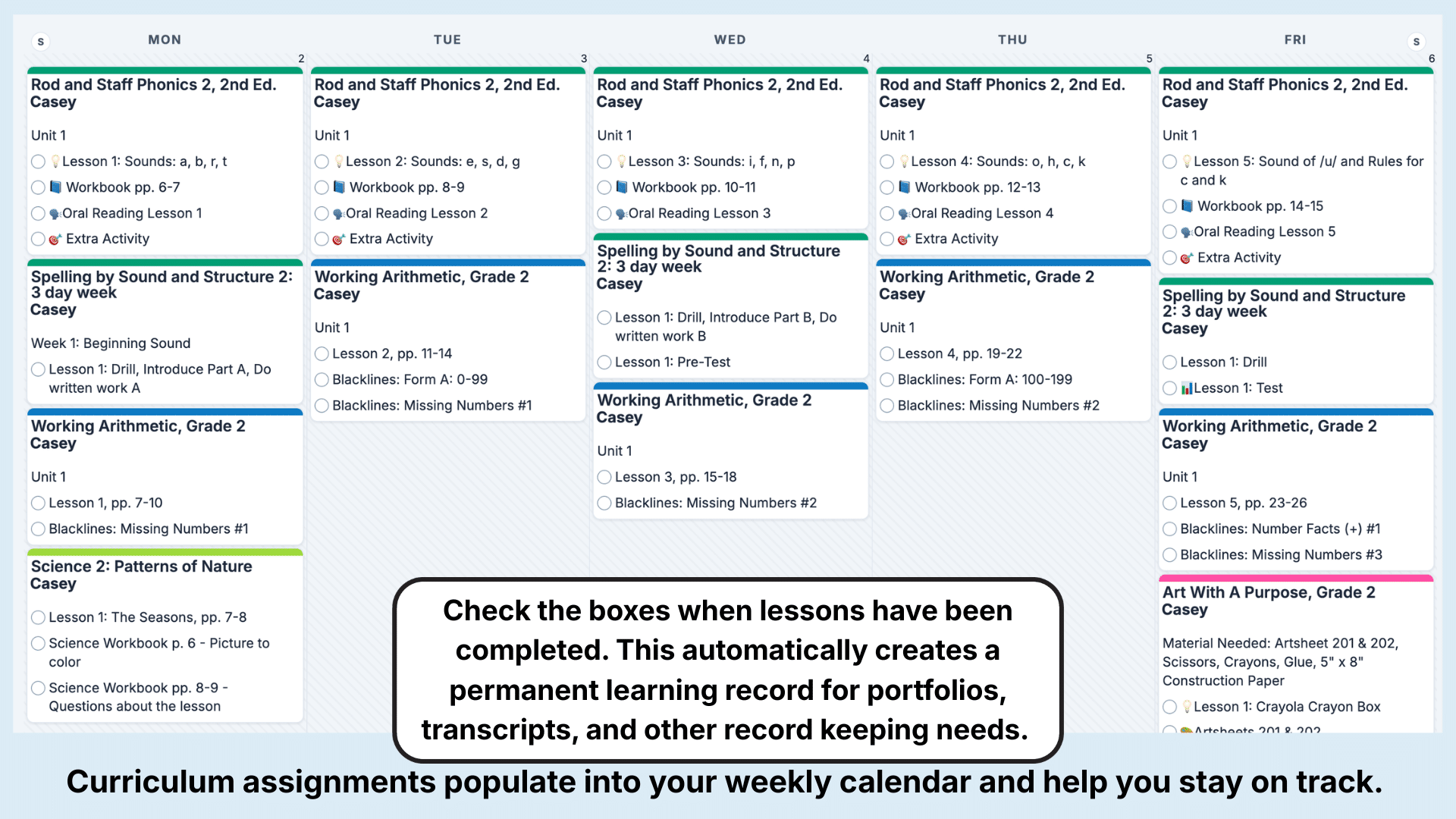 Rod and Staff Grade Level Packages Weekly View