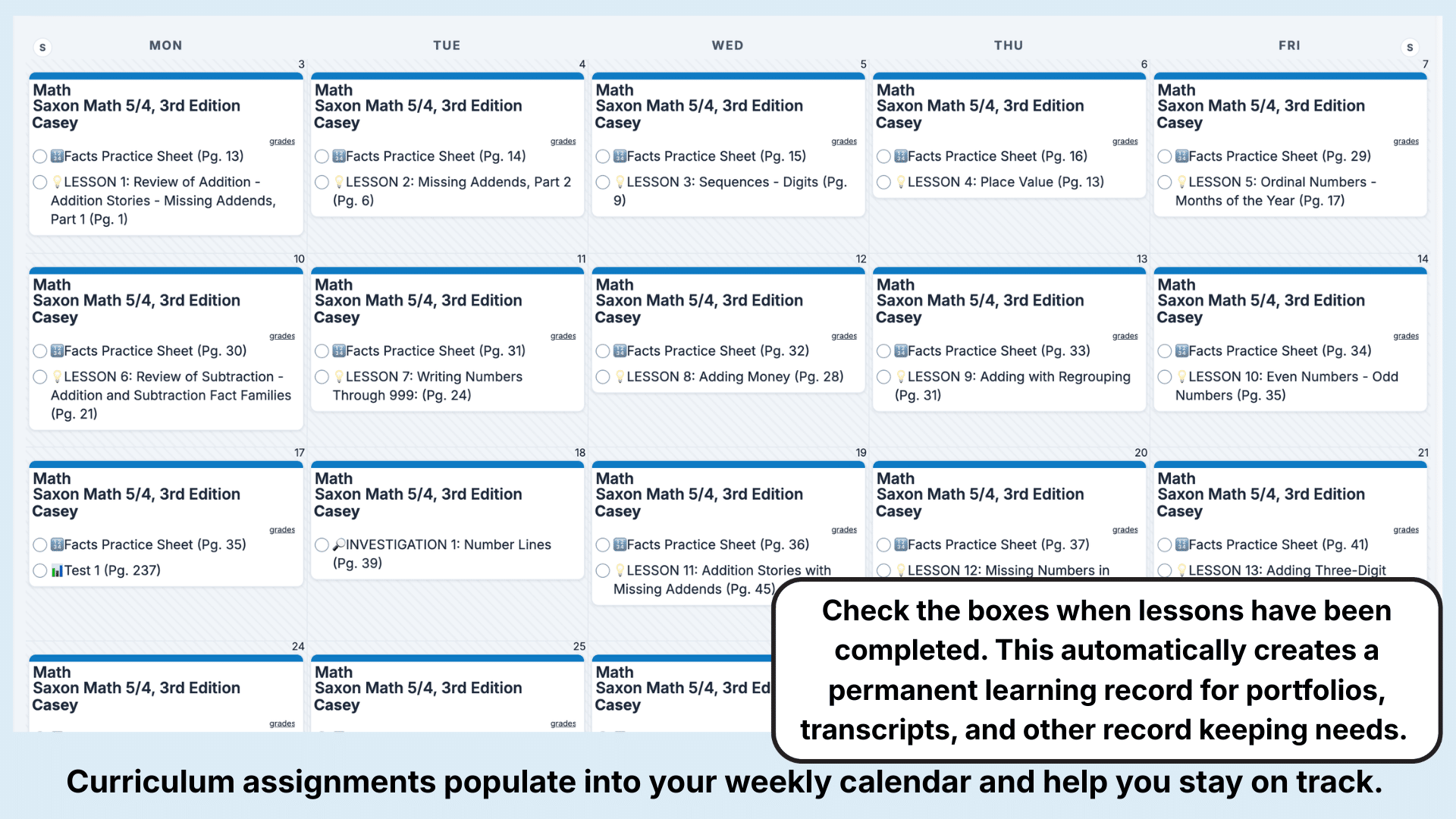Saxon Math Weekly View