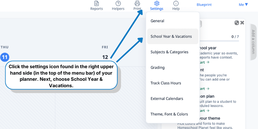 Selecting “school year & vacations” button in settings drop-down menu