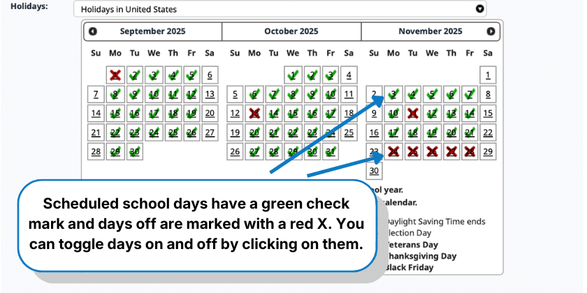 Selecting off days in your homeschool calendar