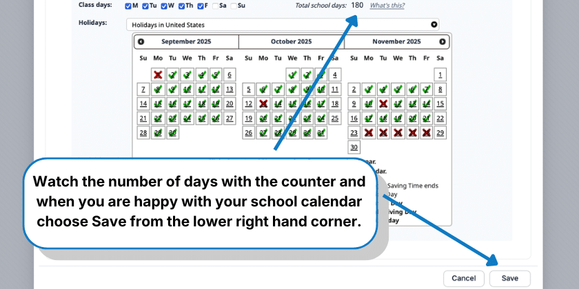 Saving changes to your school year calendar button