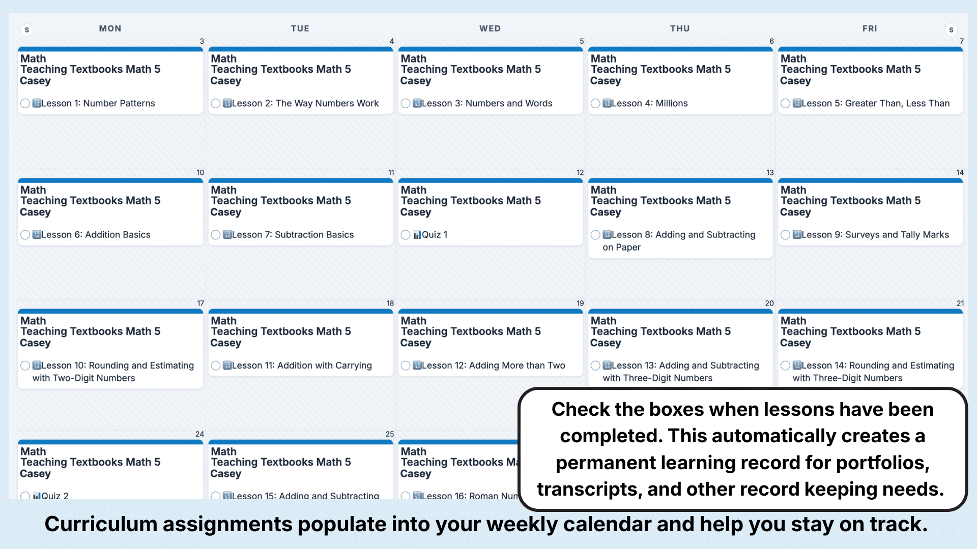 Teaching Textbooks Weekly View
