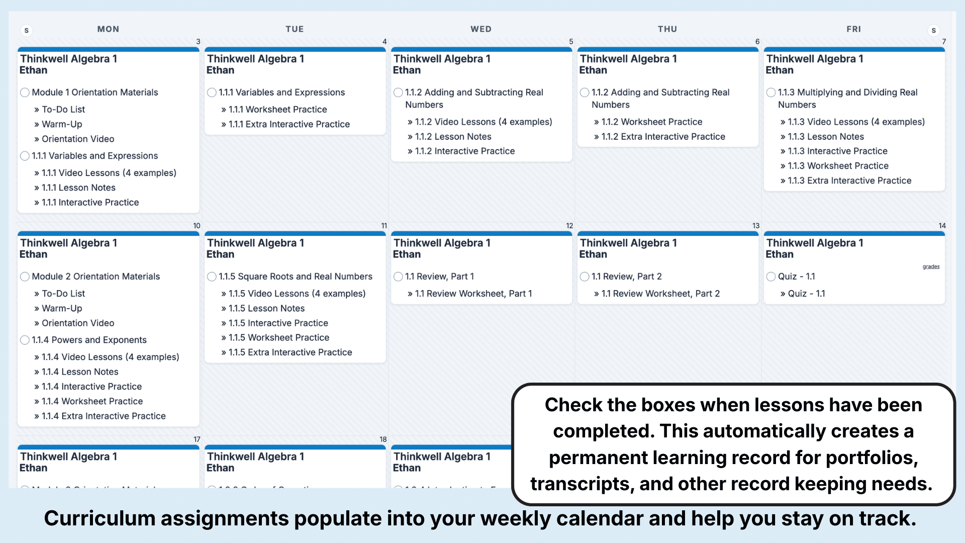 Thinkwell Math Weekly View