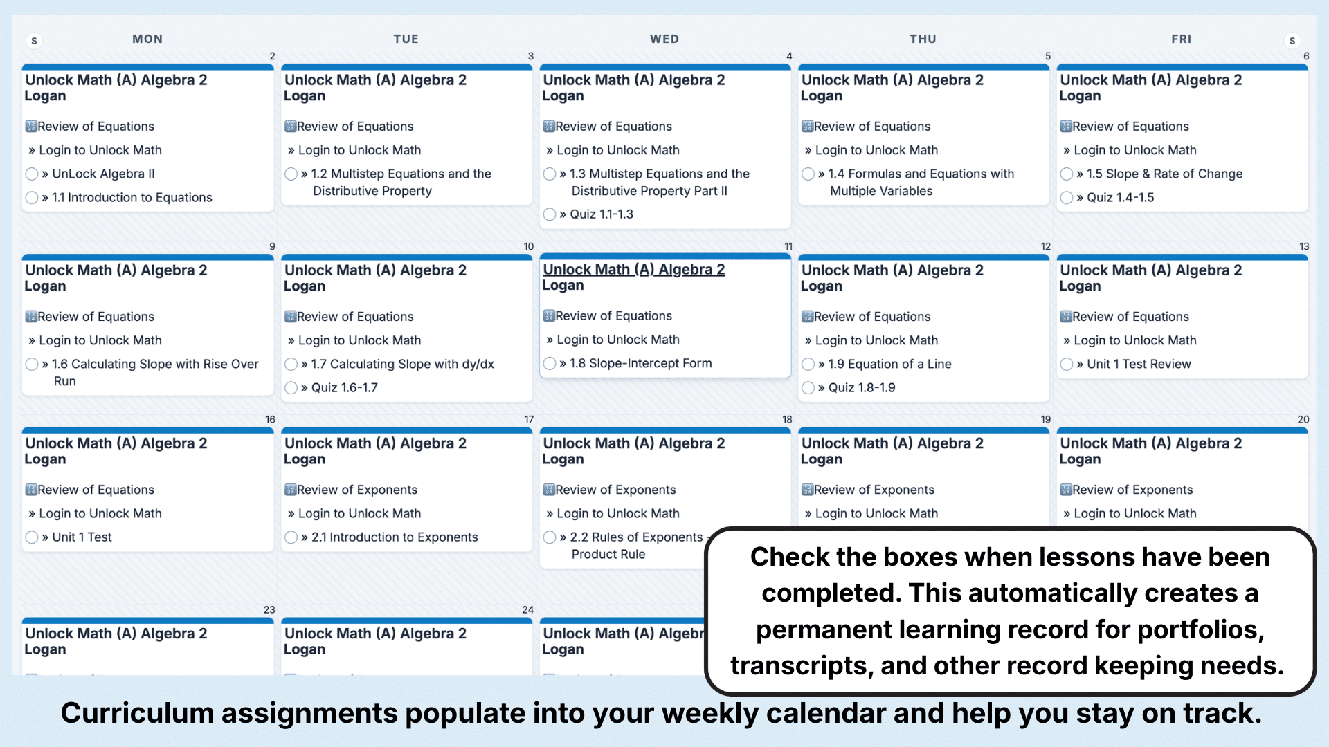 Unlock Math Weekly View