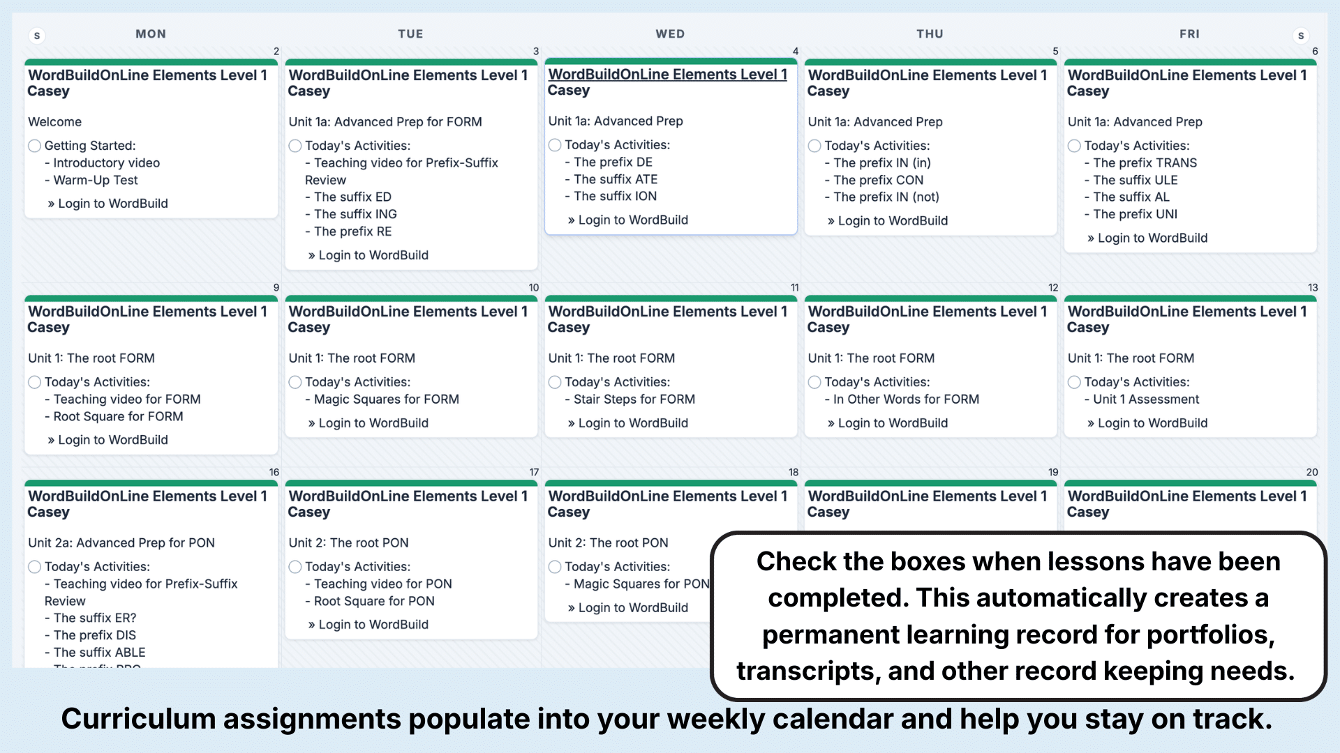 WordBuildOnline Weekly View