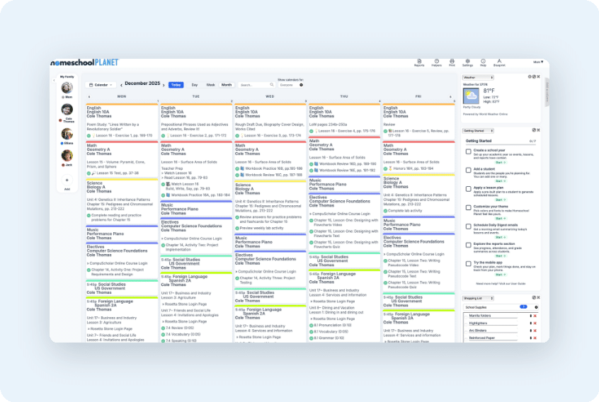 featurescalendarclean - Homeschool Planet Desktop iMac displaying a colorful multi-column homeschool schedule grid labeled Homeschool Planet with a globe logo in the corner.