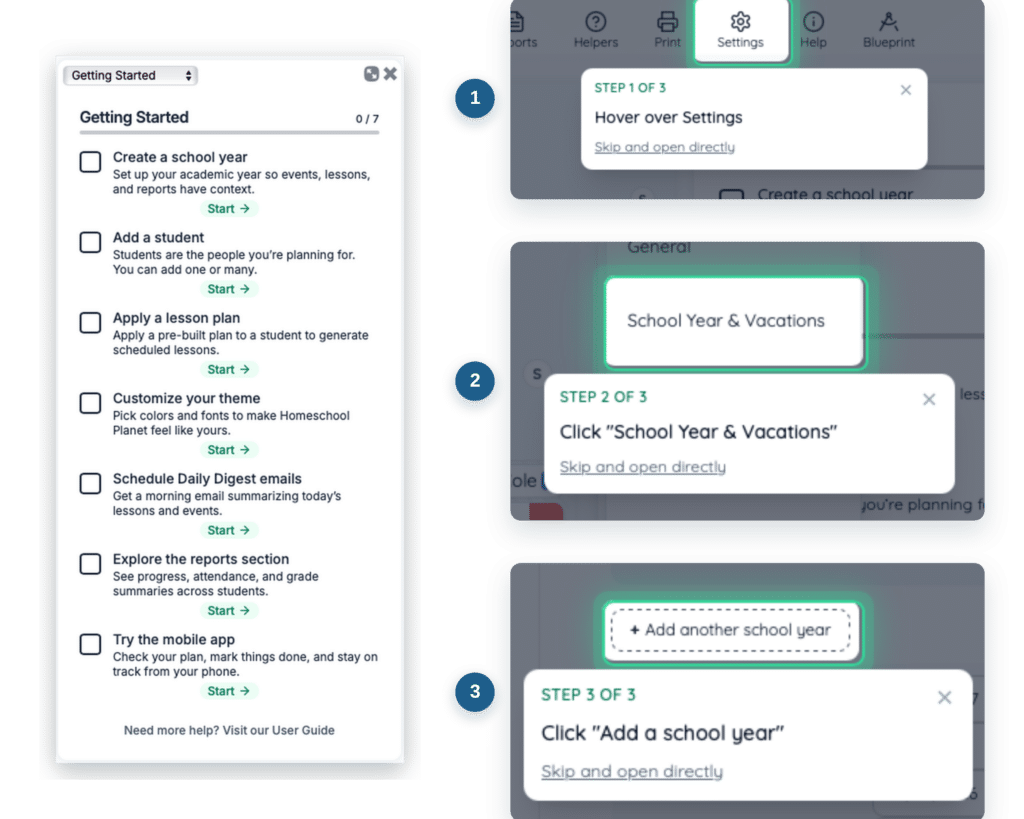 featurescardguidedsetupfloat - Homeschool Planet Modal window titled Getting Started displaying a seven-item checklist with checkboxes and Start buttons. Items include: Create a school year, Add a student, Apply a lesson plan, Customize your theme, Schedule Daily Digest emails, Explore the reports section, and Try the mobile app.