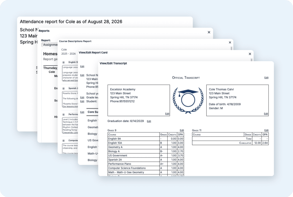 featuresrecordsuniform - Homeschool Planet Collage of school documents: attendance letter with address, assignment list, and a report card layout overlays indicating student records.