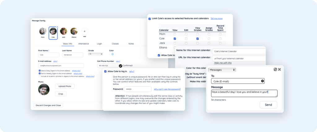 featuressyncv4 - Homeschool Planet UI for managing a family profile with avatar row and editable fields (name, email, phone) and photo upload option.