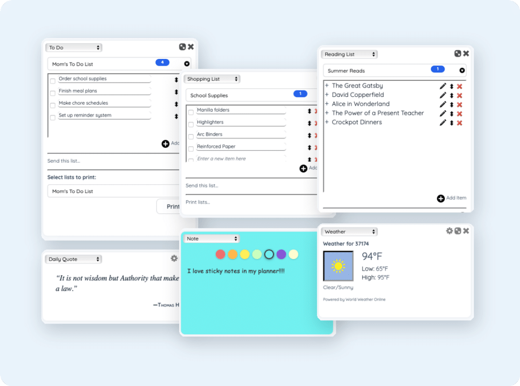 featureswidgetsnew - Homeschool Planet Collage of five dashboard widgets: a shopping list, a note pad with color swatches, a weather card, a daily quote card, and a messages form on a light blue background.